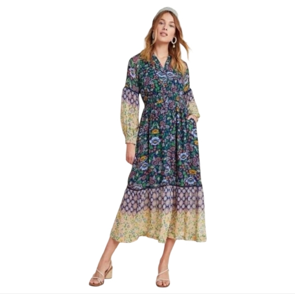 Anthropologie Maeve Ondine Boho Floral Long Sleeve Maxi Dress - Size M